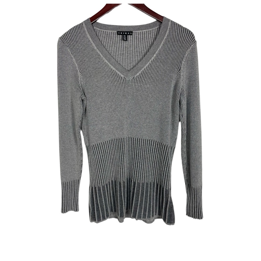 Tribal V-Neck Ribbed Grey Sweater Top Size Large